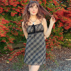 French Spring Sweet Fresh Plaid Strap Sexy Lace Stitching Dress A Line Dress LaceCH