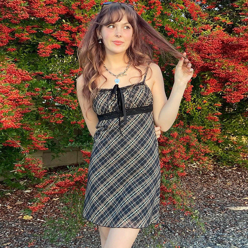 French Spring Sweet Fresh Plaid Strap Sexy Lace Stitching Dress A Line Dress LaceCH
