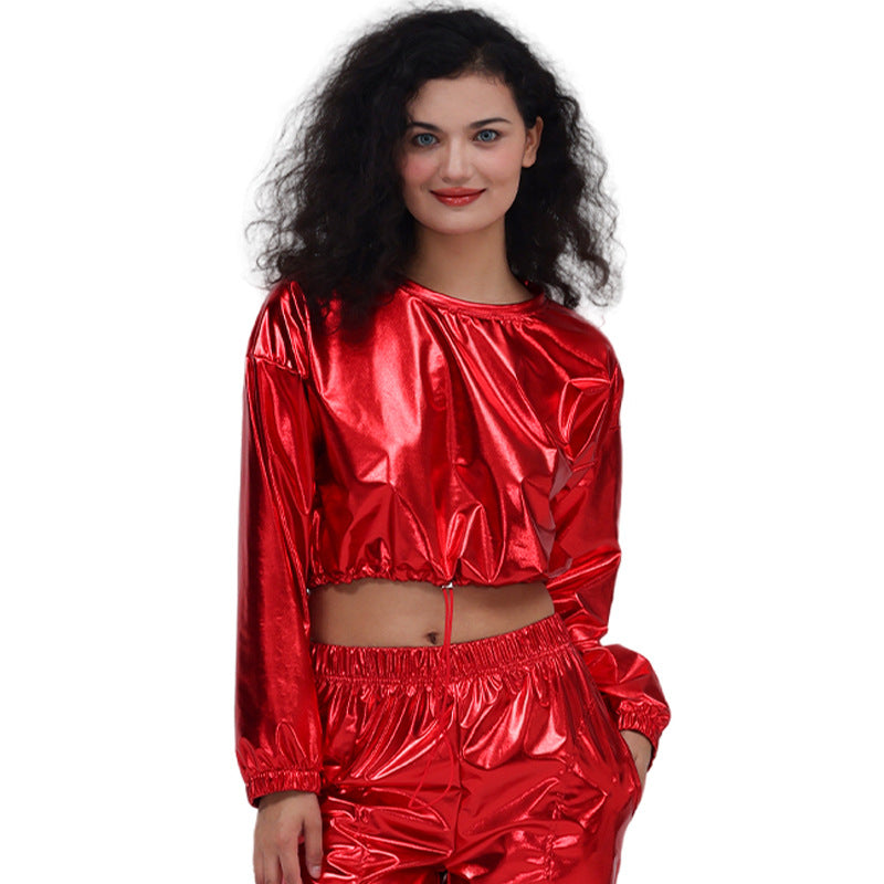 Sudadera corta con capucha y cordón ajustable de manga larga, sexy, de cuero brillante y bronceado