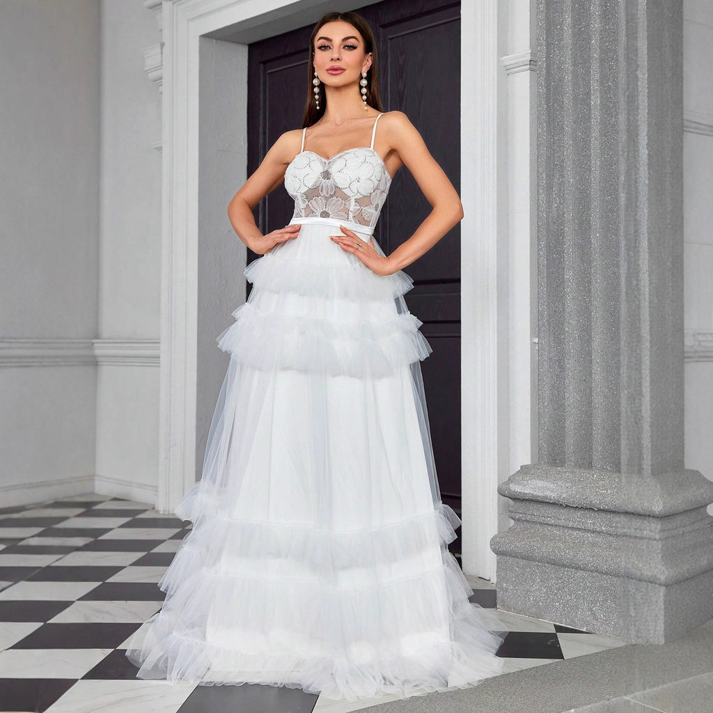 Vestido de noche sexy con tirantes y parte superior de tubo de malla ajustado, vestido largo para mujer