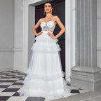 Vestido de noche sexy con tirantes y parte superior de tubo de malla ajustado, vestido largo para mujer