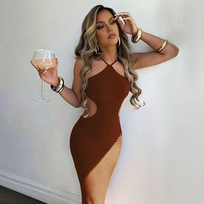 Spring Summer Women Clothing Sexy Backless Lace up Halter Sheath Slim Dress