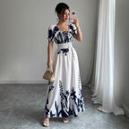 Summer Bubble Sleeve High Waist Tight Waist Women Printed Wear Large Swing Sling Dress SCC