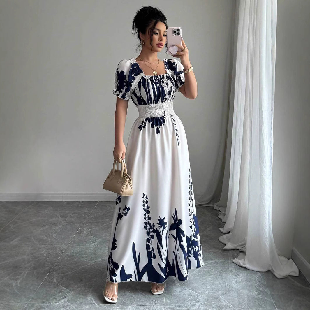 Summer Bubble Sleeve High Waist Tight Waist Women Printed Wear Large Swing Sling Dress SCC