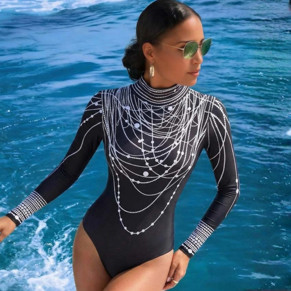 Swimsuit Light Luxury Pearl Print Long Sleeve One Piece Swimsuit Women ShineRealm