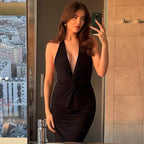 Vestido sexy de corte en V profundo con escote pronunciado, sin mangas, de color liso, sin espalda, de calle, de longitud media, estilo halter, para mujer