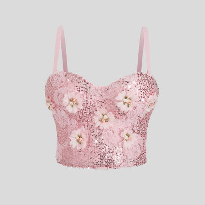 Soutien-gorge bustier léger et luxueux à baleines, orné d'un motif floral 3D et d'une douce atmosphère française.