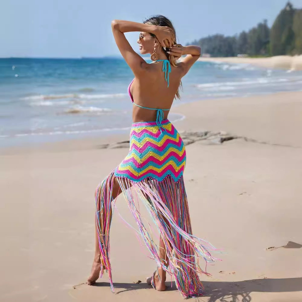 Conjunto de falda playera sexy de ganchillo a mano con borlas onduladas para mujer