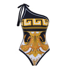 Sexy Swimsuit Women Siamese Triangle Shoulder Polyester Printed Lace up Swimsuit