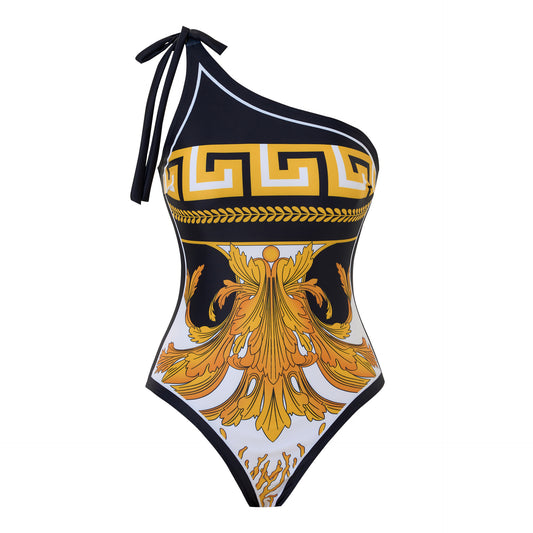 Traje de baño sexy para mujer, de poliéster, con estampado de triángulos siameses y hombros descubiertos, con cordones.