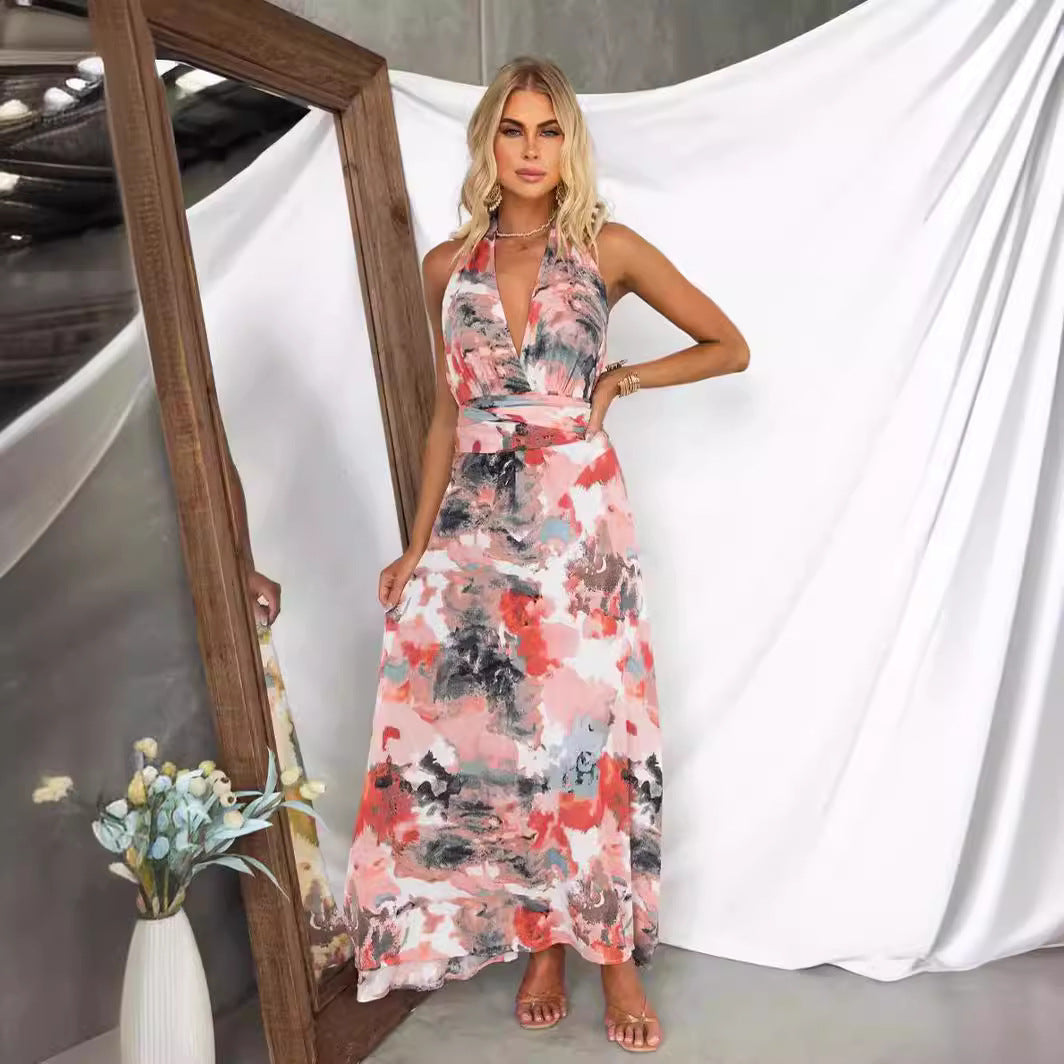 Spring Summer Printing Tied V neck Waist Tight Sexy A line Dress XUYUN
