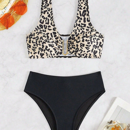 Traje de baño sexy para mujer, traje de baño de fisión para mujer, traje de baño de playa de verano con estampado de leopardo sexy