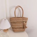 Hollow Out Cutout Shoulder Straw Bag Tassel Portable Straw Bag Woven Bag Vacation Beach Bag Women Bag