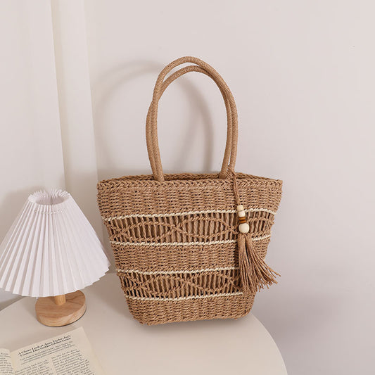 Bolso de paja con aberturas para el hombro, bolso de paja portátil con borlas, bolso tejido, bolso de playa para vacaciones, bolso para mujer 