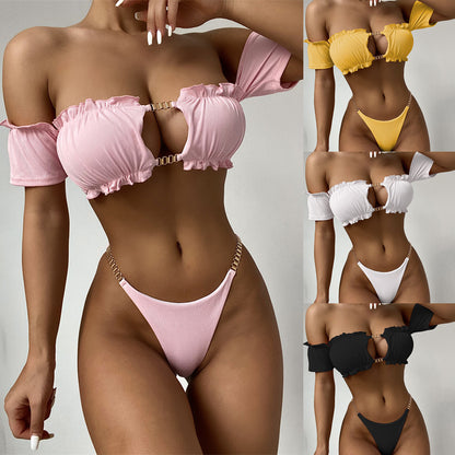 Bikini Double Solid Color Bikini Women Swimsuit Swimwear Short Sleeve Swimsuit Outfit Beach
