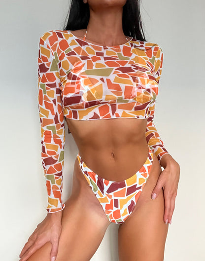 Traje de baño de bikini de tres piezas, sexy, estampado, de manga larga, de dos piezas, para mujer, con cordones, para llevar.