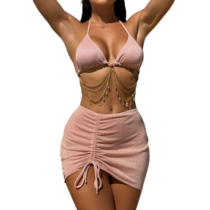 Sexy Drawstring Strap Shiny Cloth Diamond Lanyard Three Piece Swimsuit Bikini