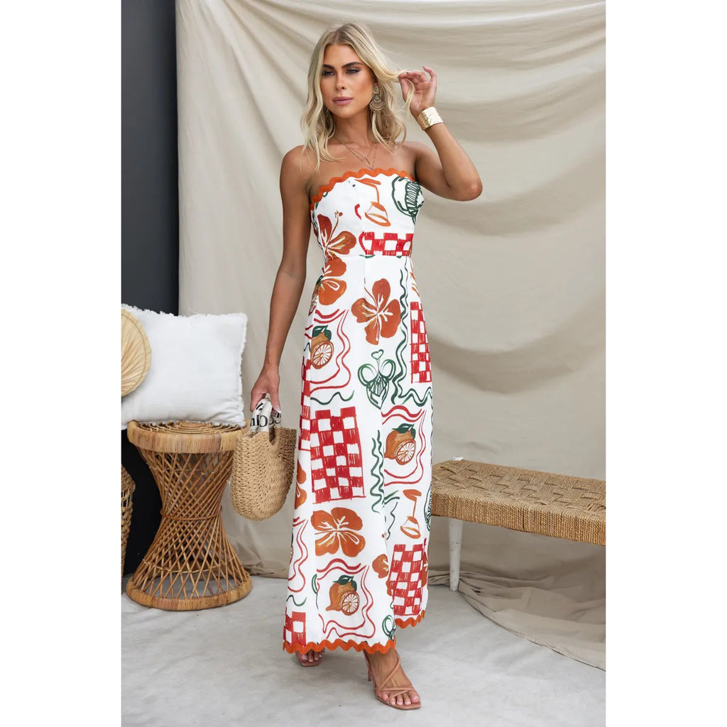 Spring Summer Chest Wrapped Pleated Casual Dress Vacation Loose Women Wear Dress Oyrina