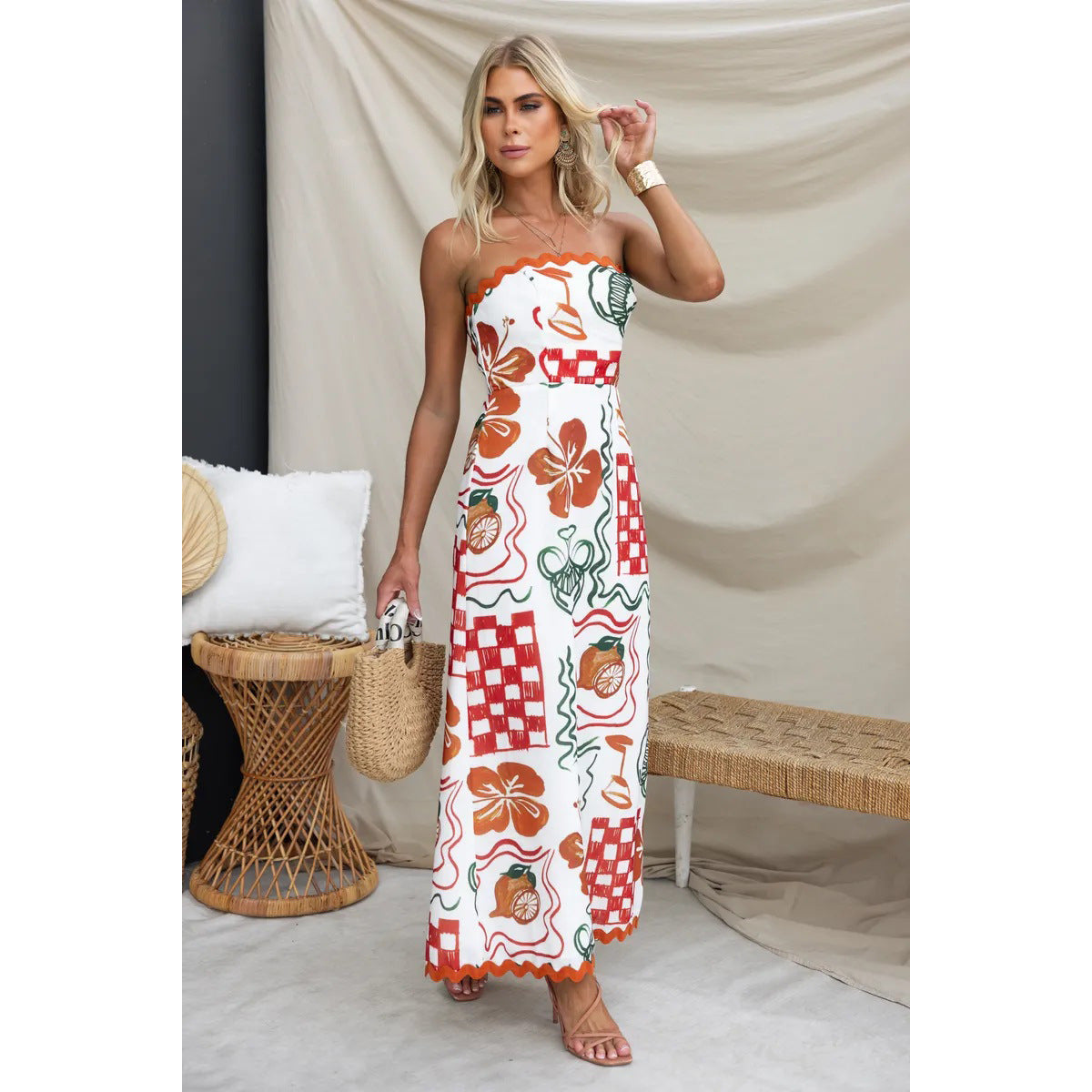 Spring Summer Chest Wrapped Pleated Casual Dress Vacation Loose Women Wear Dress Oyrina