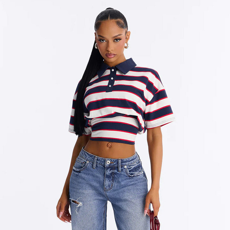 Women Clothing Retro Slimming Color Blocking Spicy Girl Striped All Matching Collared Polo Shirt Top NineSquared