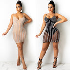 Vestido sexy con tirantes en V y perlas de diamantes de imitación transparentes para discoteca, uniformes de talla grande