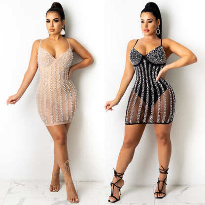 Rhinestone Pearl See-through V-neck Brace Sexy Dress Nightclub Uniforms Plus size