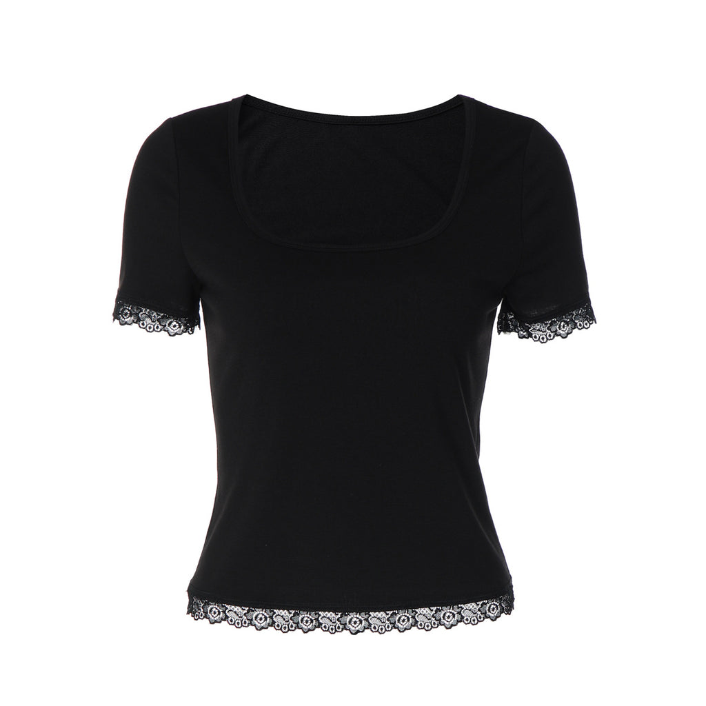 Women Summer Lace Stitching T shirt Slim U Neck Bottoming Top BULLINGER