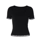 Women Summer Lace Stitching T shirt Slim U Neck Bottoming Top BULLINGER