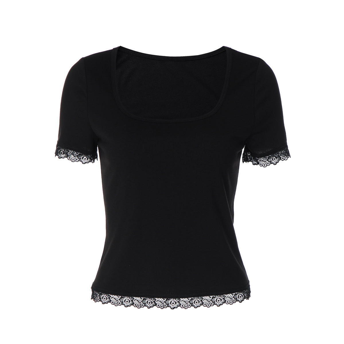 Women Summer Lace Stitching T shirt Slim U Neck Bottoming Top BULLINGER