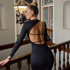 Women Clothing Summer Solid Color round Neck Backless Slim Fit Hip Bag Dress Sexy WensDiva