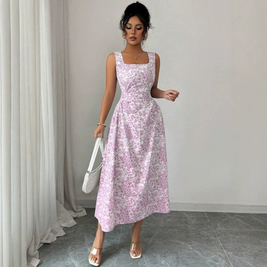 Printed Square Collar Dress Summer Slim Fit Slimming Floral Dress Women Wear KaYu