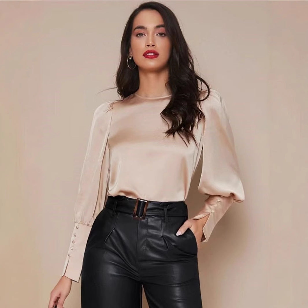 Camisa de satén de manga larga para mujer, primavera otoño, camisa de satén con mangas farol