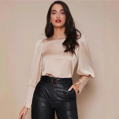Long Sleeved Satin Shirt Women Spring Autumn Lantern Sleeve Satin Shirt Top
