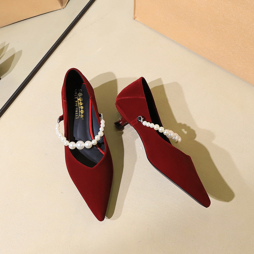 French Pointed Toe Mary Jane Shoes Women Ankle Strap Stilettos Pearl All Match Suede Small Single Layer Shoes ForestFootwear