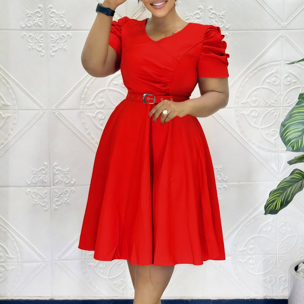 Women Clothing Pleated Elegant V neck Large Swing Dress Morn