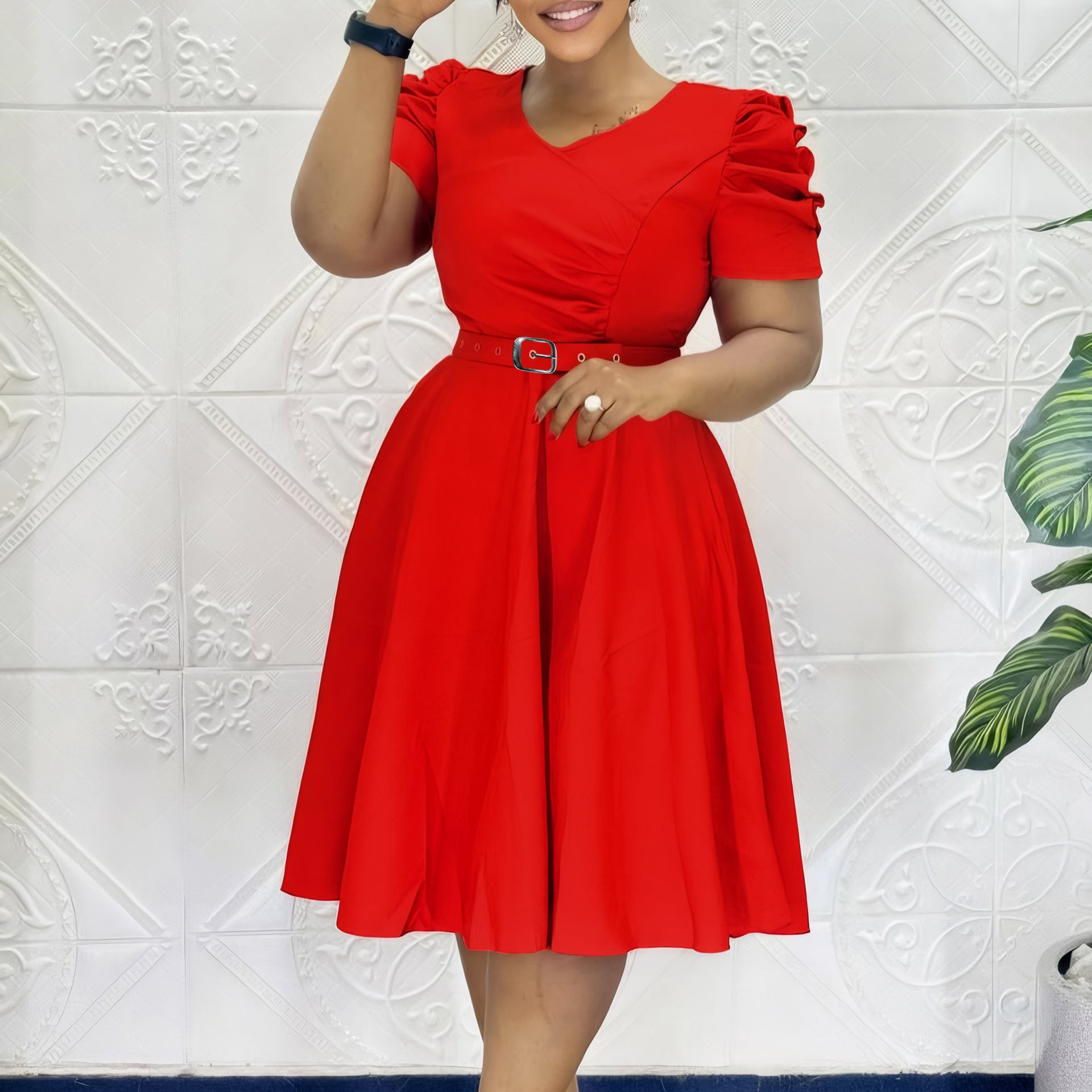Women Clothing Pleated Elegant V neck Large Swing Dress Morn