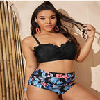 Plus Size Split Swimsuit Printed Cut Edge Contrast Color Women High Waist SwimmingClub