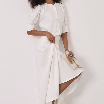 Women Clothing Satin High Grade Skirt Set round Neck Short Sleeve Cardigan Top Elegant Two Piece Set