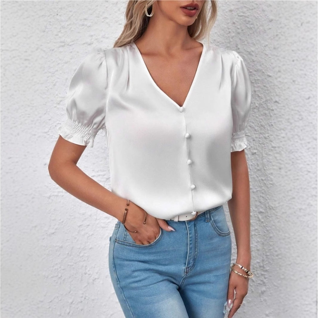 Camisa de satén con cuello en V y botones, blusa informal francesa de manga corta con volantes para primavera y otoño