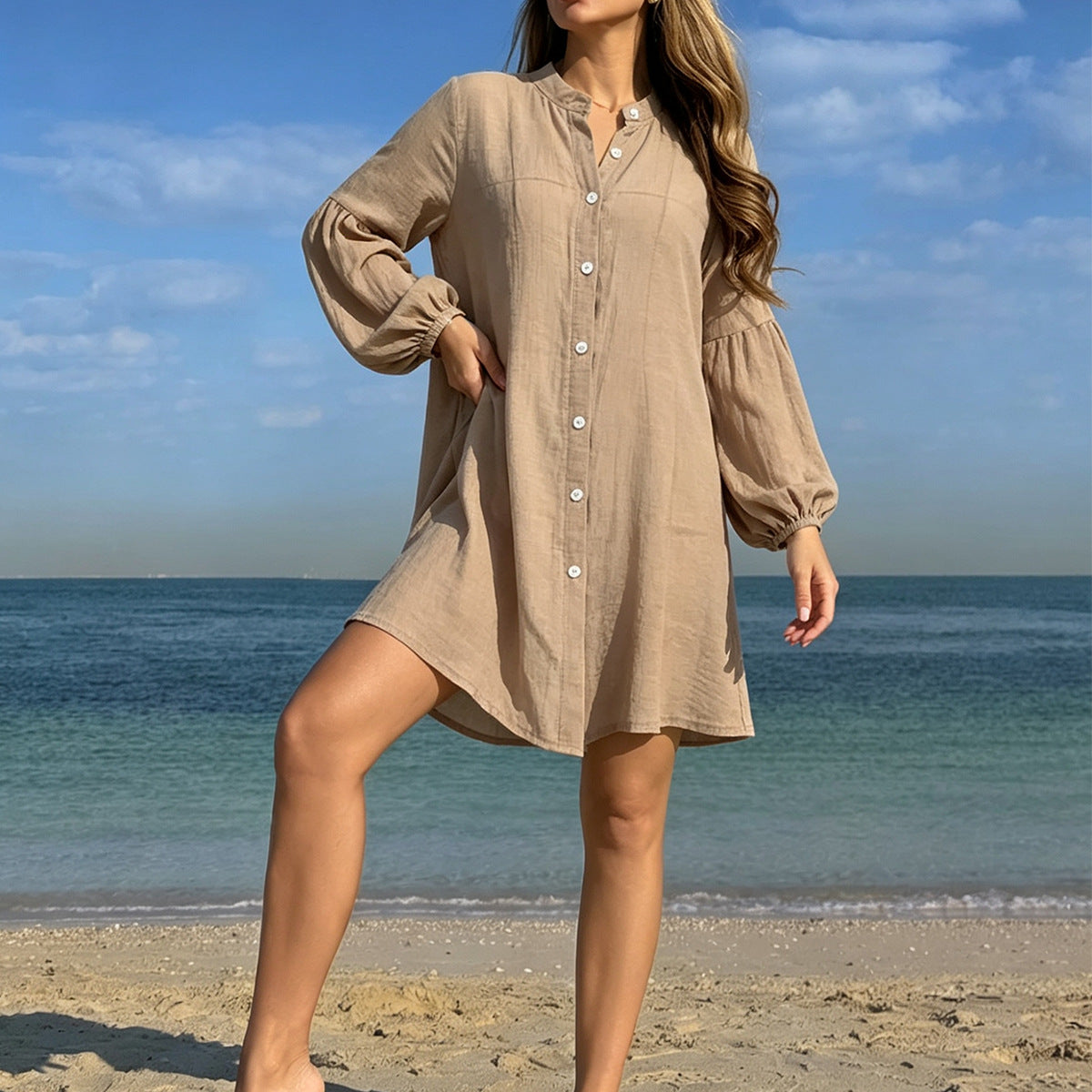 Robe Chemise à Col Montant et Manches Bouffantes pour Femme, Ample Style Décontracté, Vêtements de Protection Solaire pour Vacances à la Plage, Cardigan