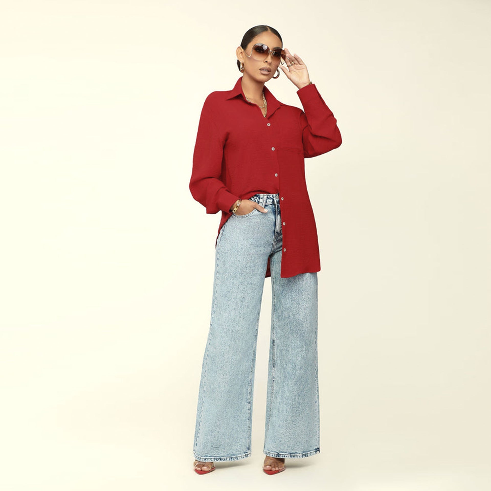 Camisa informal holgada de manga larga de color liso para mujer de otoño