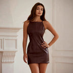 Women Clothing Sexy Faux Leather Sling Dress Solid Color Sleeveless Waist Hip Wrapped Dress SaturdayNight