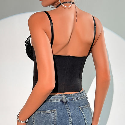 Blusa interior sexy de algodón con costuras de malla transparente y encaje en el pecho con varillas y corsé de alta sensación
