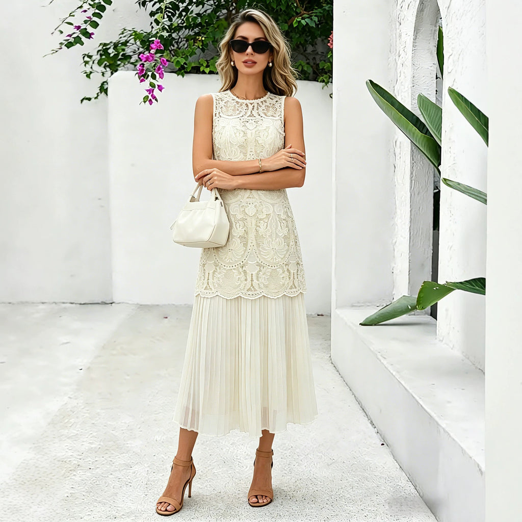 French Heavy Industry Jacquard Embroidery Faux Two Piece Sleeveless Dress Women Niche Design Pleated Midi Dress Summer CYSM