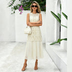 French Heavy Industry Jacquard Embroidery Faux Two Piece Sleeveless Dress Women Niche Design Pleated Midi Dress Summer CYSM