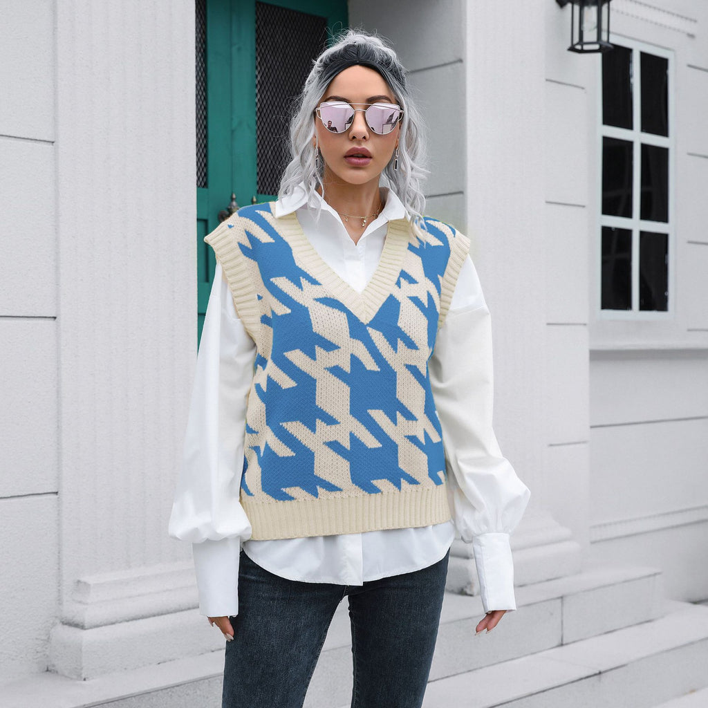 Gilet sans manches à col V pied-de-poule pour femme, vêtement d'extérieur, sous-vêtement, automne-hiver, maille bouclée