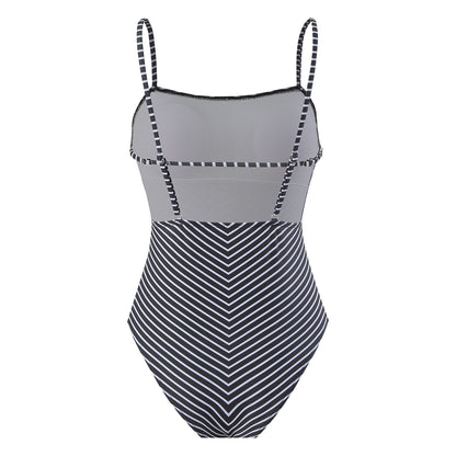 Sexy One Piece Swimsuit Women Bikini Striped Printed Gauze Skirt Swimsuit Bikini