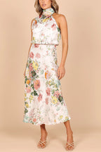 Mature Elegant Women Sleeveless Halter Printed Satin Dress Gemi