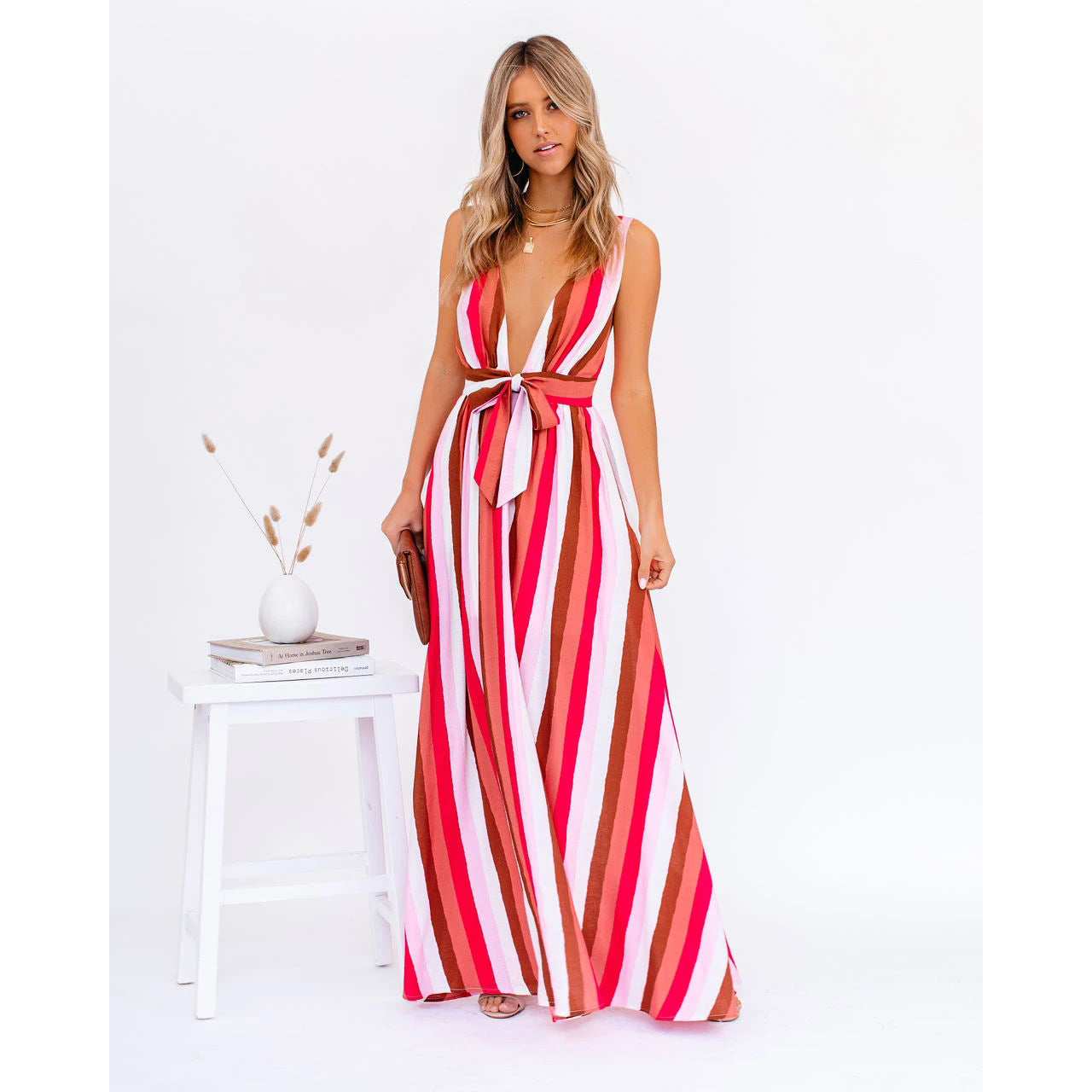 Sexy Strap Deep V Plunge Striped Casual Dress Home Loose Lace up Large Swing Oyrina