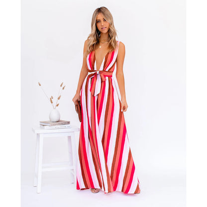 Sexy Strap Deep V Plunge Striped Casual Dress Home Loose Lace up Large Swing Oyrina